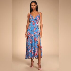Lulu's Tropical Skies Blue Multi Floral Print Sleeveless‎ Maxi Dress